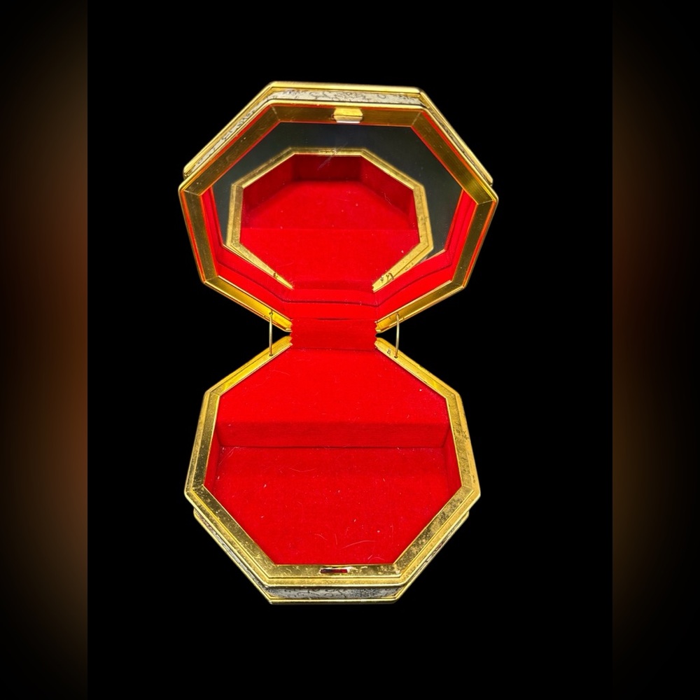 Vintage Mid Century Hexagon Starburst Cloth Velvet Lined Musical Jewelry Box
